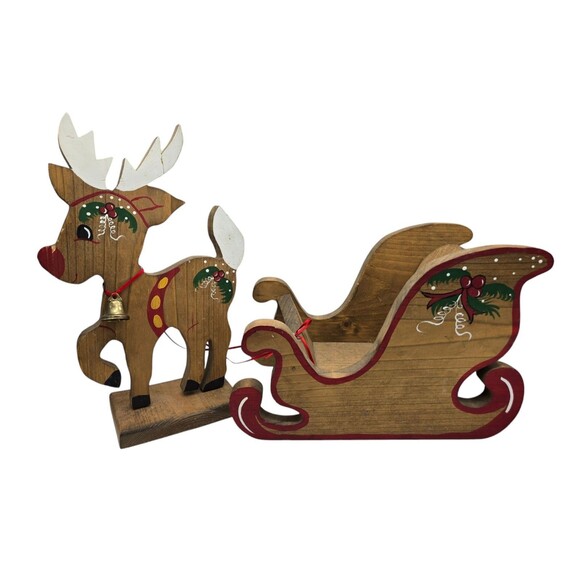 Vintage Wooden Christmas Reindeer & Sleigh Set Holiday Xmas Wooden Decor *AS IS* - Picture 1 of 16